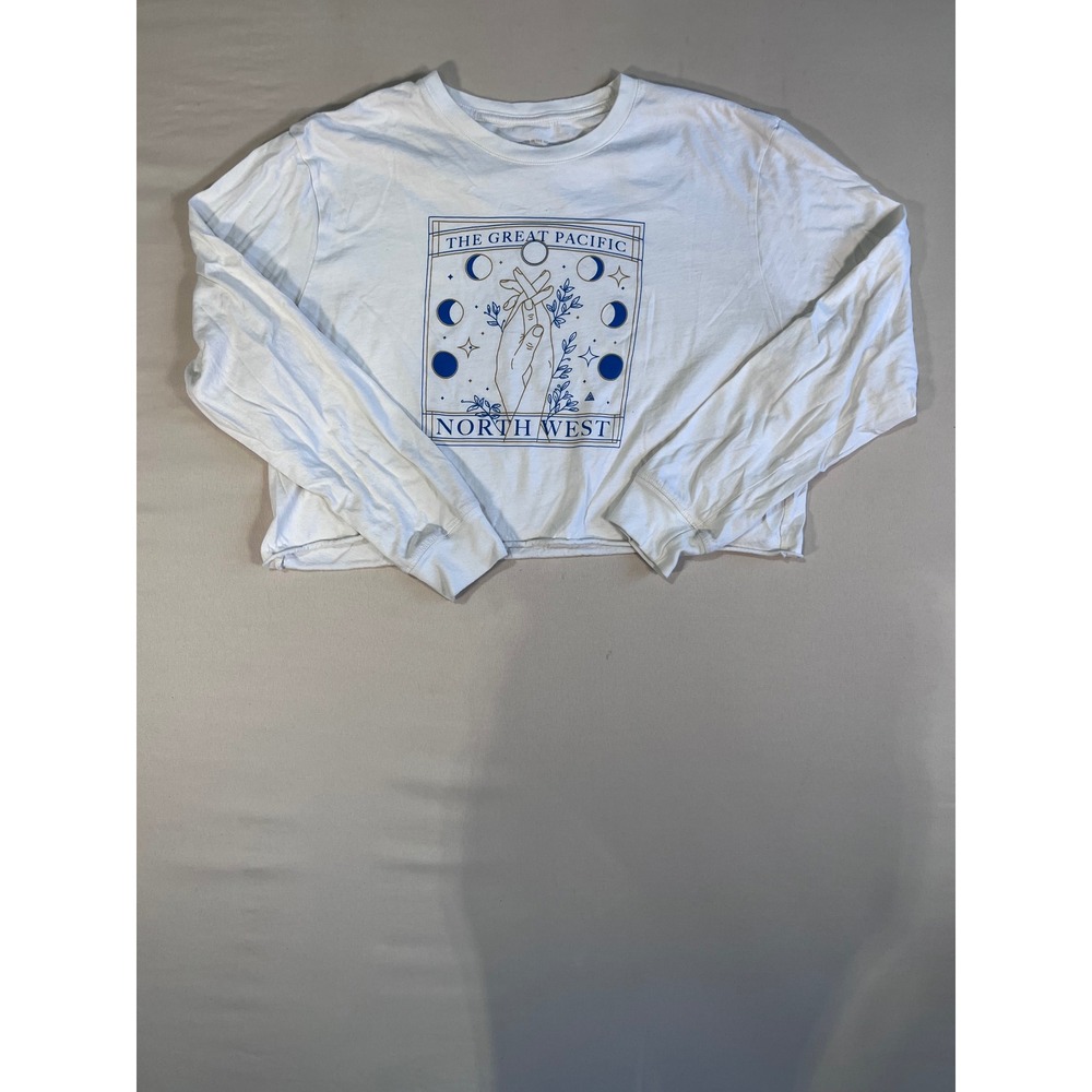 The Great PNW White Cropped Long Sleeve Graphic Tee Moon Phases Size L Earthy